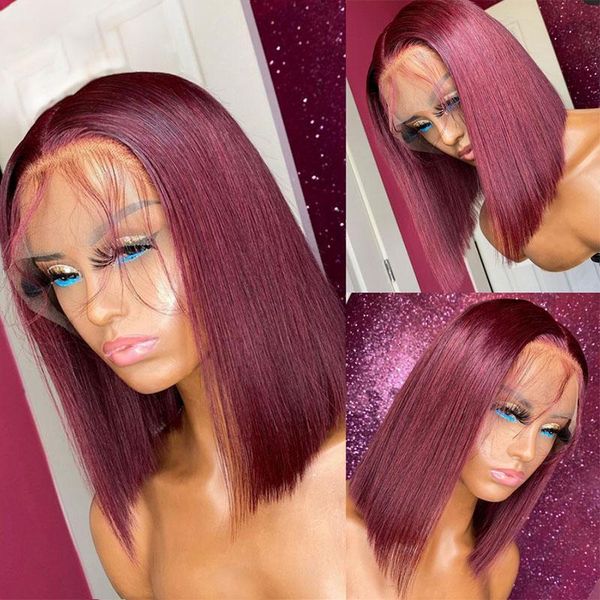 

lace wigs straight bob front human hair burgundy color 99j wig peruvian remy closure for women pre plucked, Black;brown