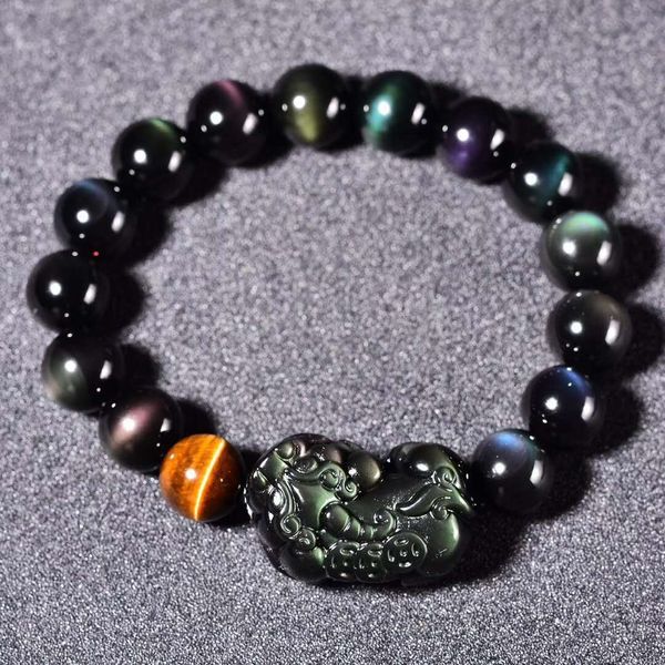 

bracelet natural mexican double rainbow eye obsidian three coin men's and women's crystal leather, Golden;silver