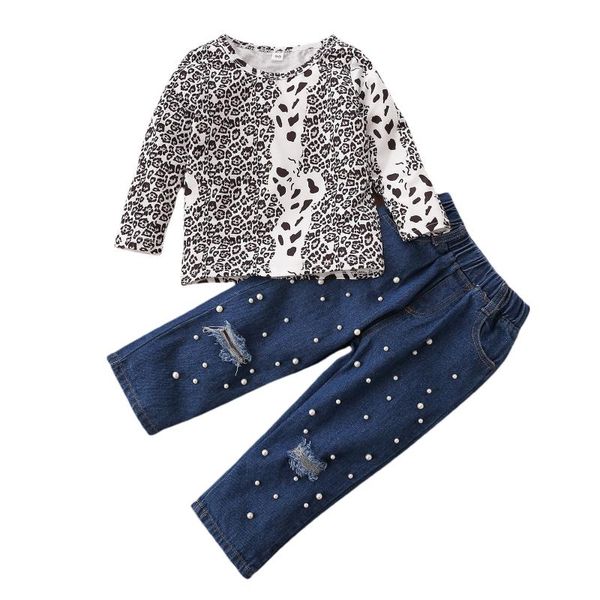 

clothing sets girls clothes set, leopard print long sleeve o-neck +faux pearl ripped denim trousers, White
