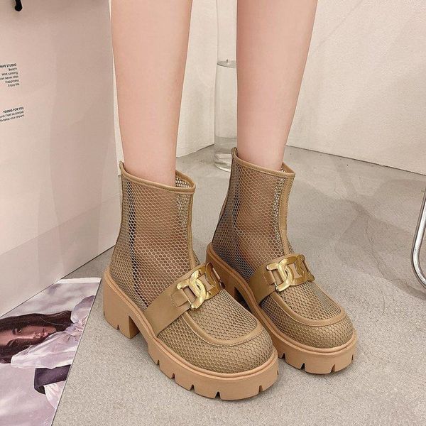 

dress shoes thick-heeled thick-soled mesh sandal boots female ins tide 2021 summer short tube solid color casual for, Black