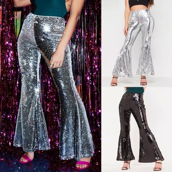 

women's pants & capris 2021 sequin fashion women sparkle spring slim flare ladies skinny glitter high waist female bell-bottom trouser, Black;white