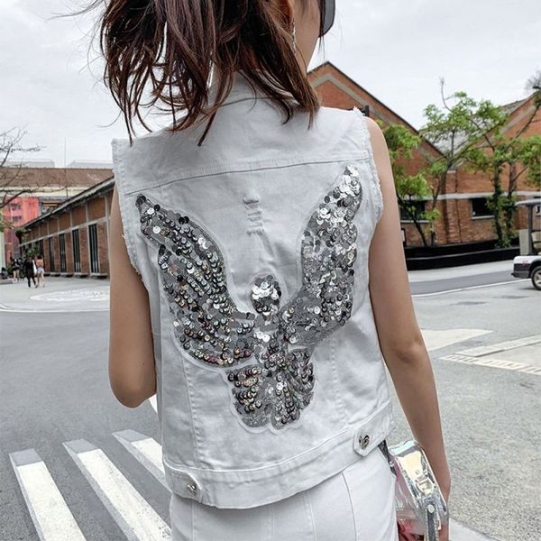 

women's vests skin embroidered sequins thin women's worn korean fashion vest denim sleeveless female short jacket s-3xl zftu, Black;white