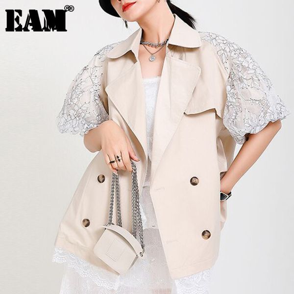 

[eam] loose fit apricot big size spliced lace jacket lapel short sleeve women coat fashion spring summer 1dd7165 210512, Black;brown