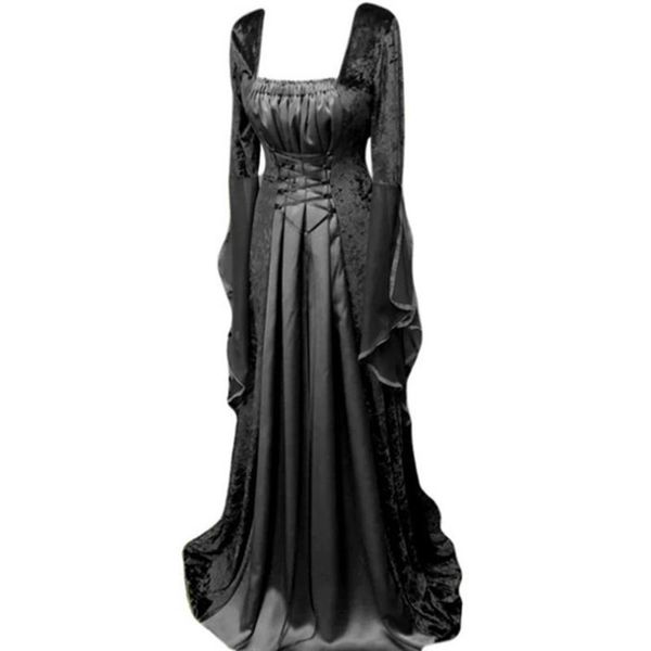 

casual dresses rosetic medieval gothic retro style maxi dress women fashion vintage designer thin square collar long flared sleeve, Black;gray