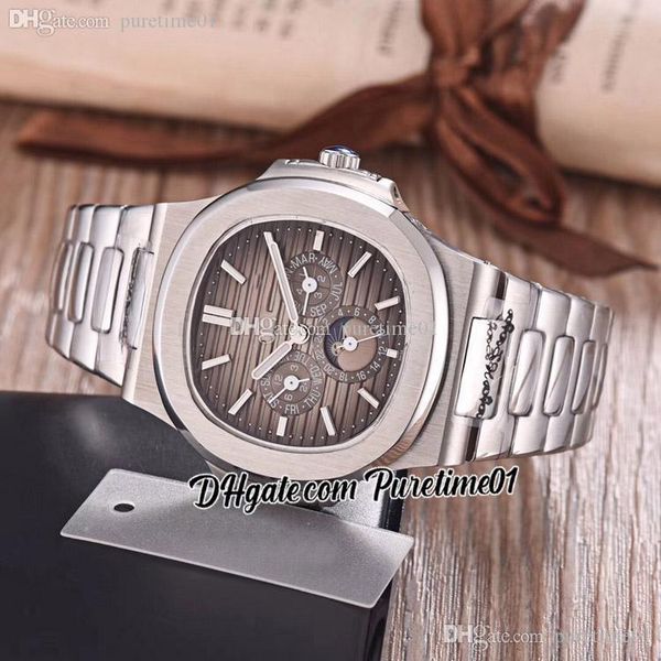 

5740 perpetual calendar automatic moon phase mens watch gray textured dial stick markers stainless steel bracelet watches puretime01 e01a1, Slivery;brown