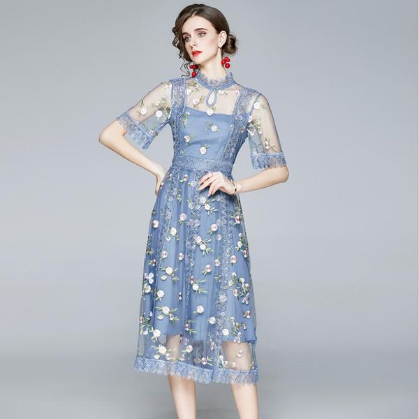 

2021 summer runway embroidery mesh dress robe women's stand collar short sleeve floral lace long dresses vestido mujer verano w1360, Black