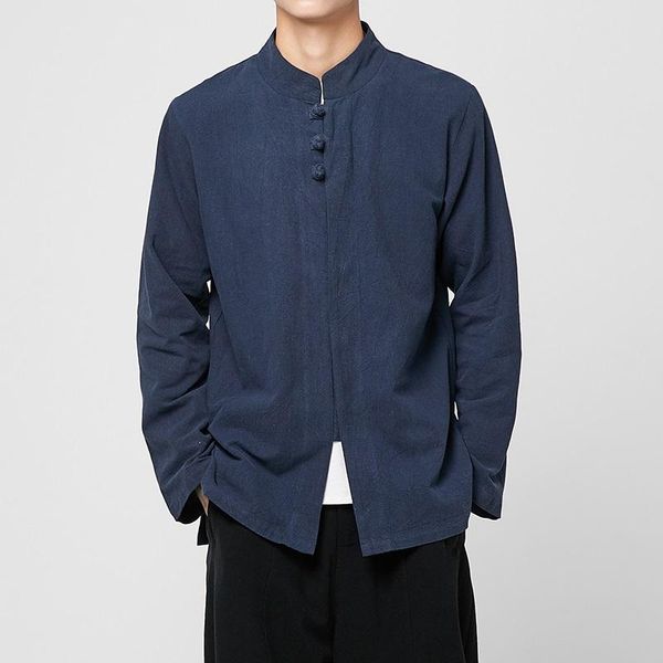

ethnic clothing 2021 linen shirts men chinese style long sleeve retro button shirt solid color tang suit loose plus size kk3510, Red