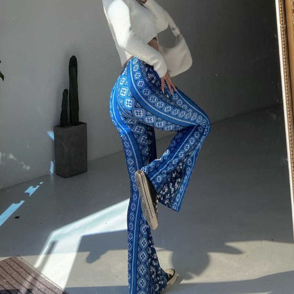 

womengaga girl print slim hip floral flared pants wide leg denim trousers korea women dut8 210603, Blue