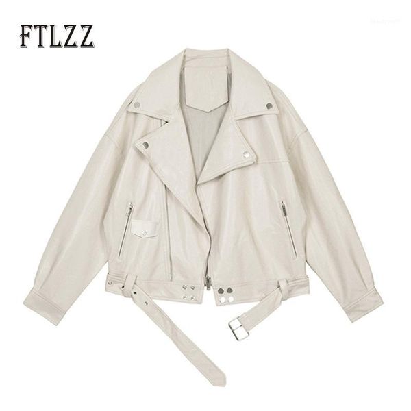 

autumn jacket women leather coat spring loose biker motorcycle ladies black white pu outwear with belt femme women's & faux
