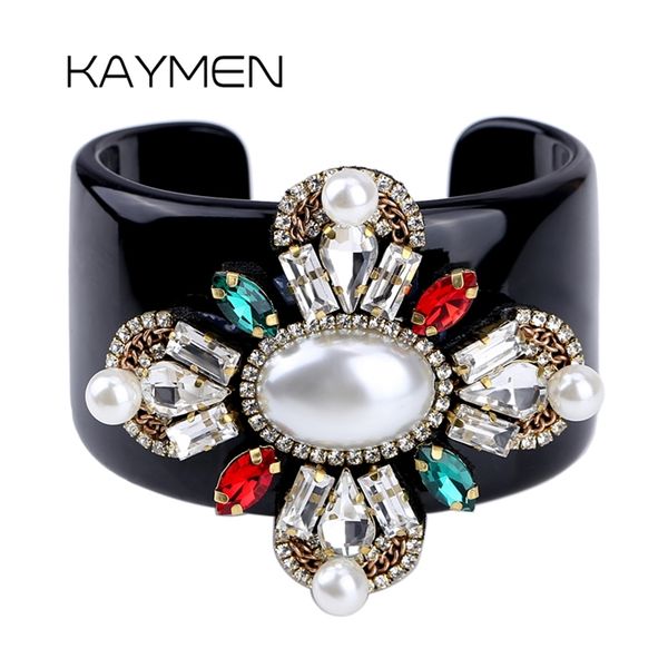 

luxury black resin cuff bracelet statement bangle inlaid crystal beads flower shape fashion for women 210918