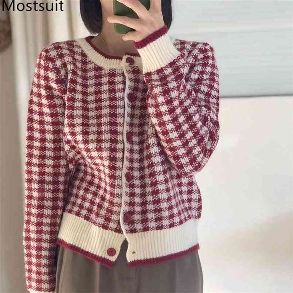 

plaid knitted cardigan sweater women full sleeve o-neck single breasted knitwear korean vintage female jumpers 210513, White;black