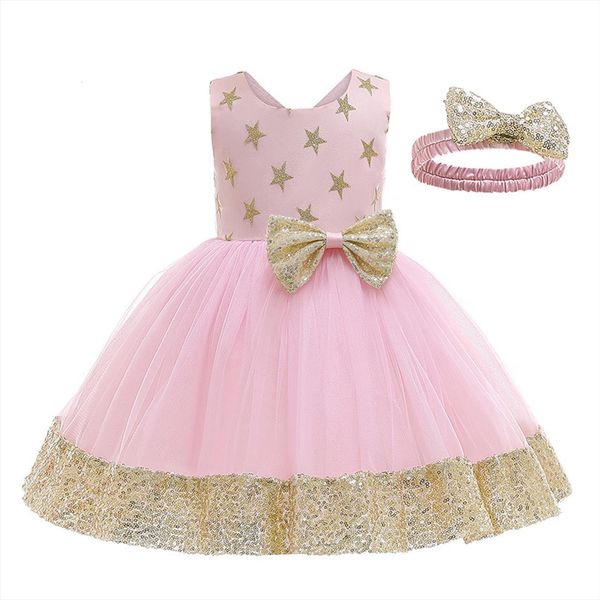 

summer toddler kid girl dress princess star sequin bowknot mesh daily birthday gown headband clothes, Red;yellow