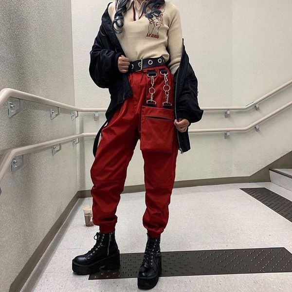 

korean goth hip hop womens pant harem loose streetwear elastic high waist trousers heavyweight black red gothic baggy cargo, Black;white