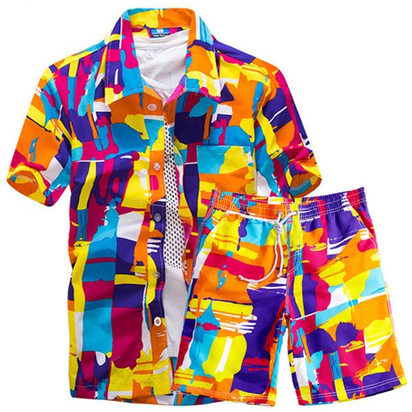 Mens Hawaiian Shirt Set 2021 Moda Tracksuits Verão Floral Camisas Men + Imprimir Beach Shorts Curtas De Manga Curta Tracksuit