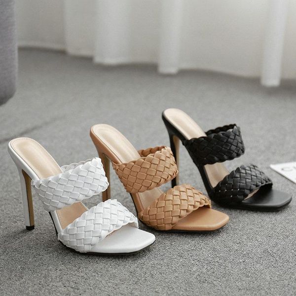 

sandals fashion square toe weave high heels shoes women slippers leather designer ladies beach slides, Black