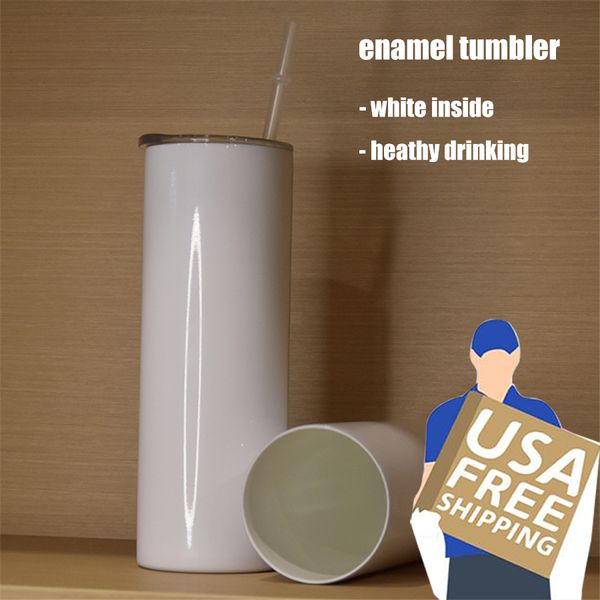 Sublimação do Natal 20oz Enamel Skinny Tumbler US Warehouse dos EUA Embalos de aço inoxidável Tumblers retos de tumblers isolados caneca com o presente de aniversário da palha