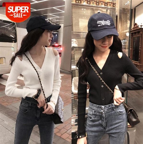 

v-neck off-the-shoulder sweater women's spring chic korean version of the body and mind machine #r55q, Black