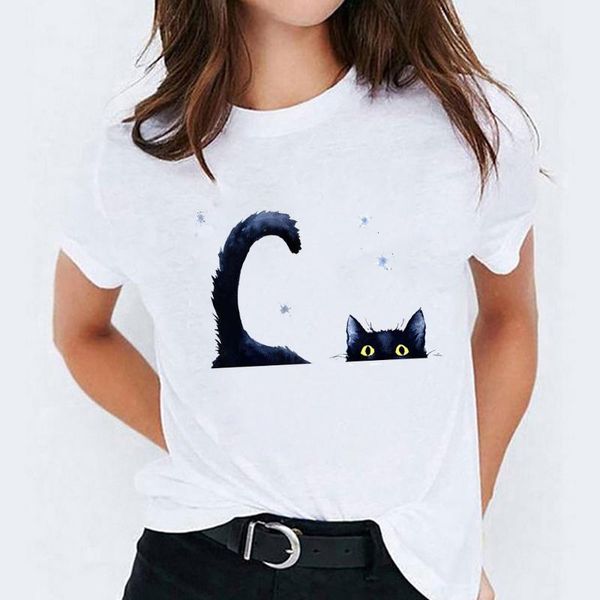 

women's t-shirt stylish t-shirts for women cartoon cat watercolor fashion animal clothing ladies print lady womens tee t, White