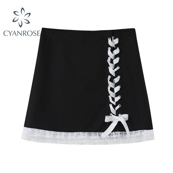 

women korean sweet cross lacing up bow skirt summer streetwear stylish lace skirts female elegant casual mini y2k jupes 210515, Black
