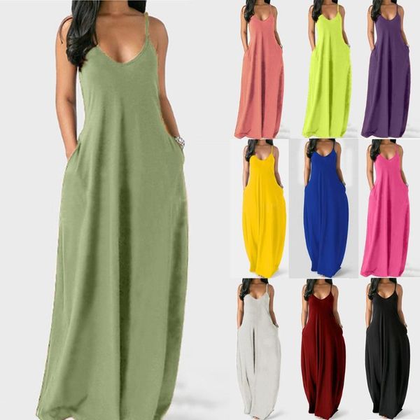 

women dress summer 2021 fashion plus size solid sleeveless o-neck pockets camisole long lady dresses#2 maternity dresses, White