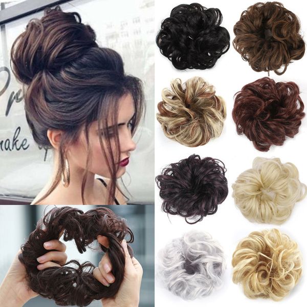 

synthetic bun extensions curly messy bun hair scrunchies elegant chignons wedding hair piece for women and kids, Black;brown