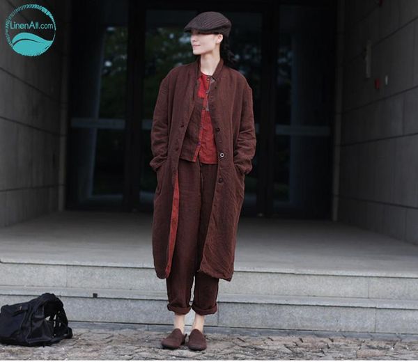 

women's trench coats linenall original autumn/winter 100% linen rust coffee brick red color both sides wearing loose suit coat, Tan;black