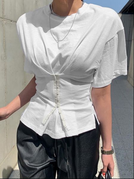

slim womens fit corset short section wide shoulder sleeve solid color white round neck breasted t shirt fashion