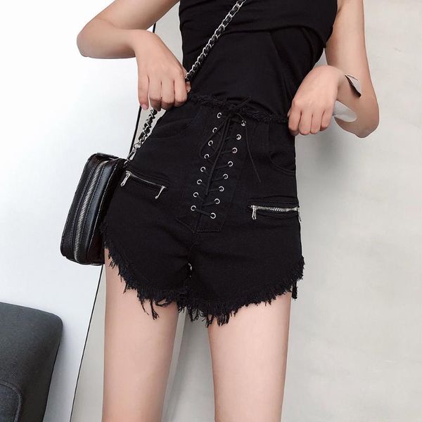 

women's shorts woman bandage high waist pants jean goth girl mini bottom female casual 2021 summer punk slim street, White;black