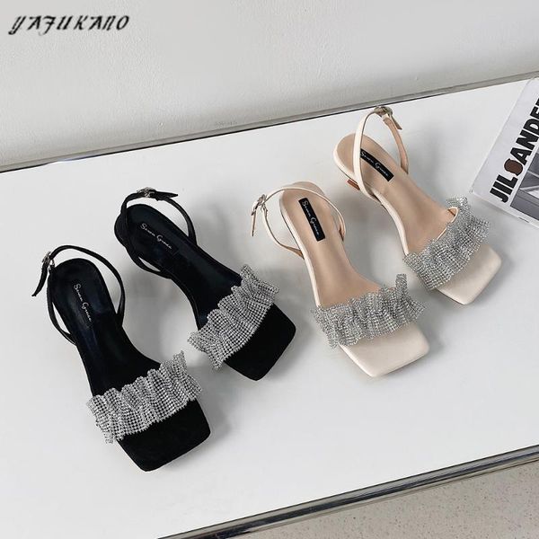 

sandals luxurious rhinestone pleated word belt female fairy style 2021 summer fashion retro shoes chic thin heels high, Black