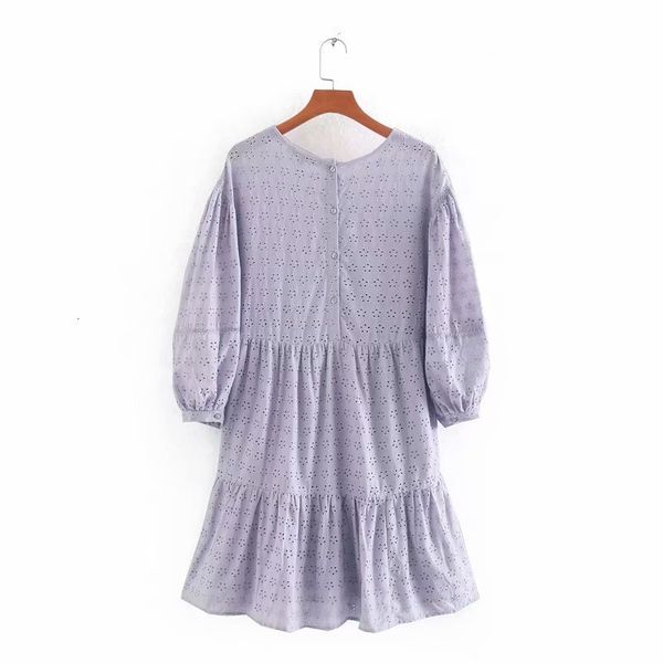 

casual dresses women o neck solid hollow out embroidery purple mini dress ladies lantern sleeve pleats vestidos chic brand dresses1 knk5, Black;gray
