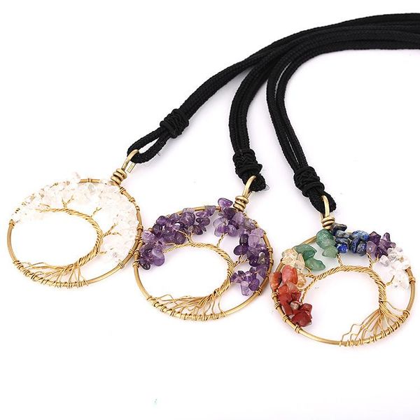

tree of life natural stone crystal chakra necklace fashion jewelry amethyst clear quartz lapis pendants gemstone necklaces, Silver