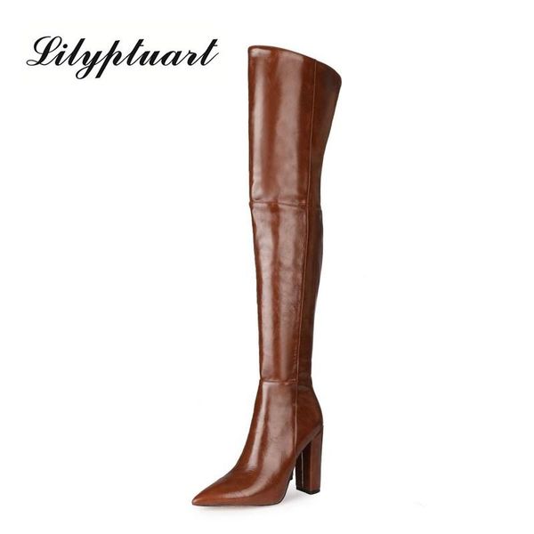 

high heel over the knee boots women fashion faux leather thigh pointed toe woman winter autumn shoes, Black