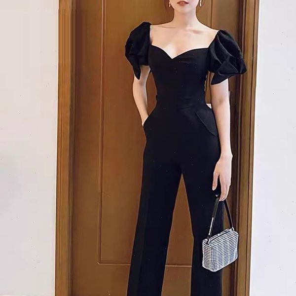 

women rompers fashion elegant jumpsuits strapless puff short sleeve waist slim black jumpsuit, Black;white