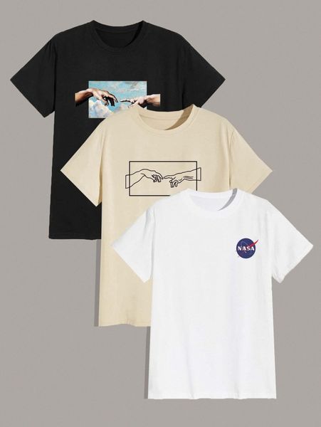 

men 3pcs letter and figure graphic tee 51cl#, White;black