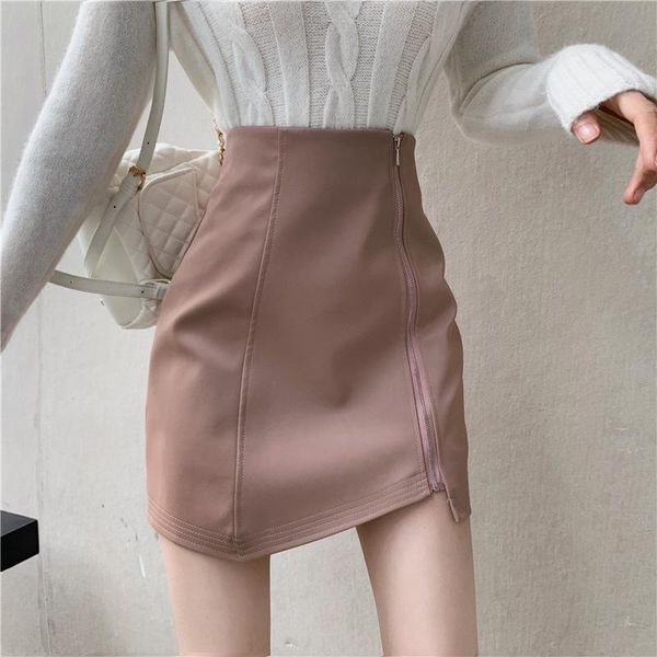 

skirts women's spring and autumn high waist slim short skirt female leather zipper aline package hip, Black