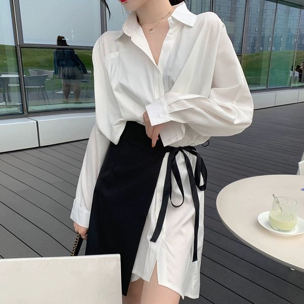 

spring sweet turn-down collar long sleeve white shirt dress korea plus size modern lady dresses qv140800 210510, Black;gray