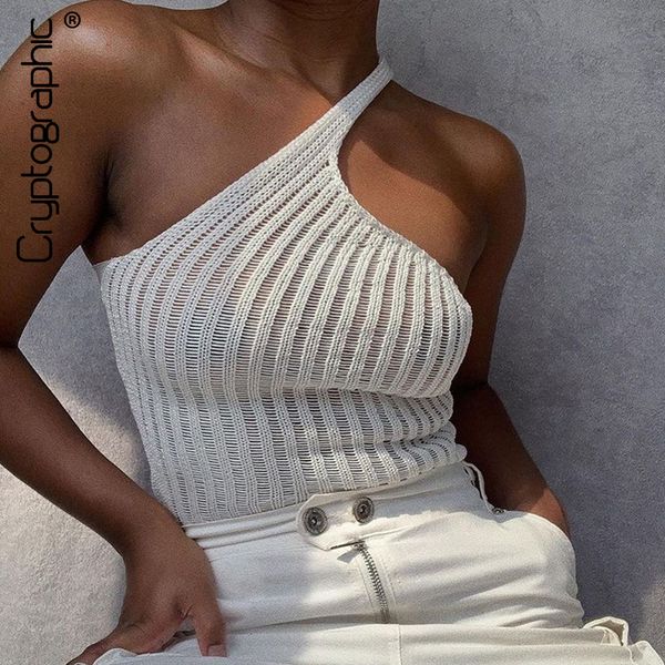 

2021 summer one shoulder crop women baless fashion outfits knitting camisole streetwearhigh quality, White