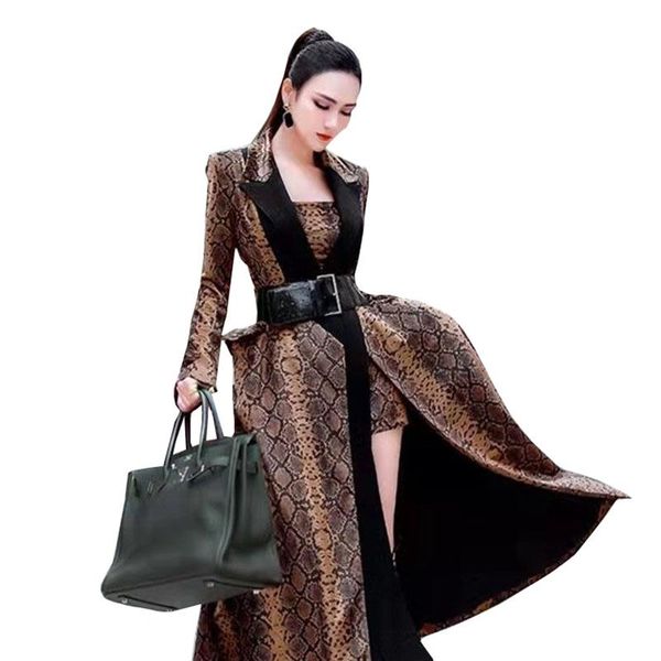 

women's trench coats european snake print big swing windbreaker women 2021 mid-length spring coat temperament fashion female slim f036, Tan;black