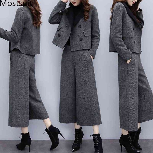 

autumn winter woolen two piece sets outfits women plus size short coat and wide leg pants suits elegant office korean 210518, White