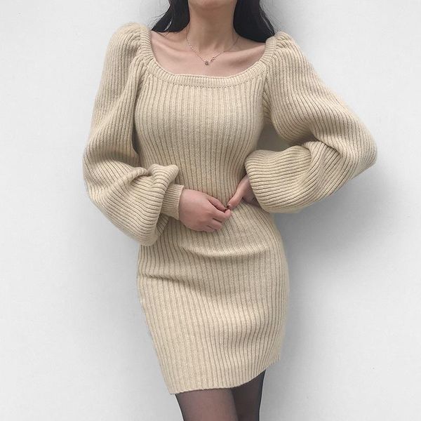 

casual dresses 2021 women dress knitted bodycon square neck stretchy long puff sleeve elegant slim fashion chic party, Black;gray