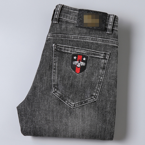 

high-end spring and autumn stretch small straight leg pants slim youth fashion embroidery youth black men's jeans, Blue