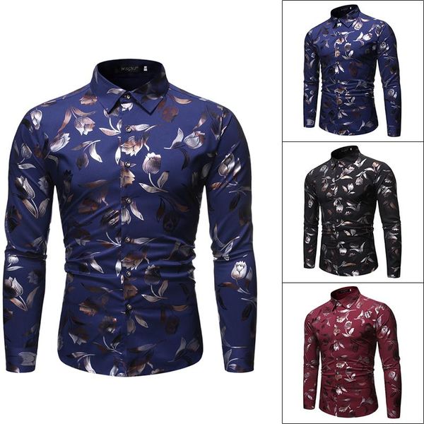 

men's casual shirts turmeric flower stand-up collarlong-sleeved button fashion bronzing printing lapel buckle man shirt, White;black