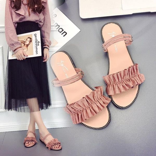 

slippers brief casual flats pleated ruffles open toe ladies slides summer korean brand student 2-ways slip on sandals sewing, Black