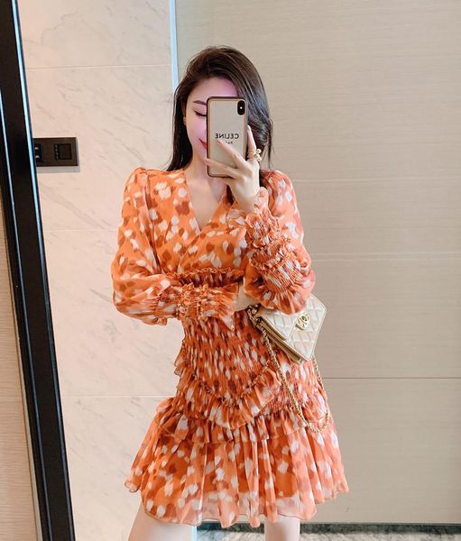 

casual dresses autumn fashion women's printed lotus leaf puff sleeve dress feminine v-neck pleated thin waist temperament wholesale v, Black;gray