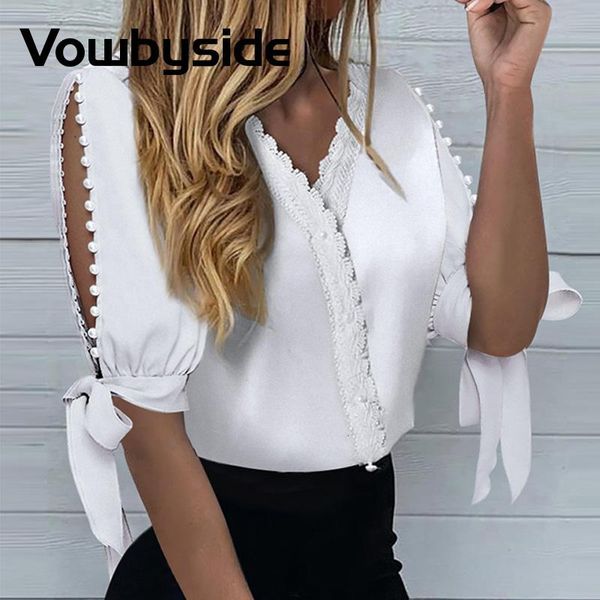 

women's blouses & shirts beaded lace slit half sleeve shirt women, White