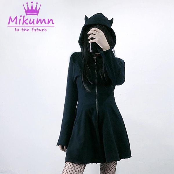 

casual dresses style spring autumn gothic girls dress women black letter embroidery cute cat ears hooded punk female vestidos, Black;gray
