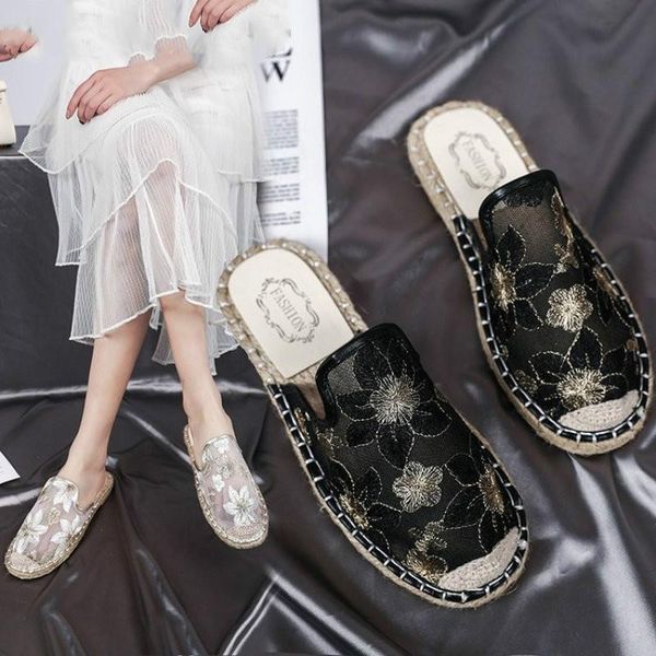 

cotton fabric women embroidered round toe mules slippers summer spring retro ladies comfort embroidery slide big size, Black