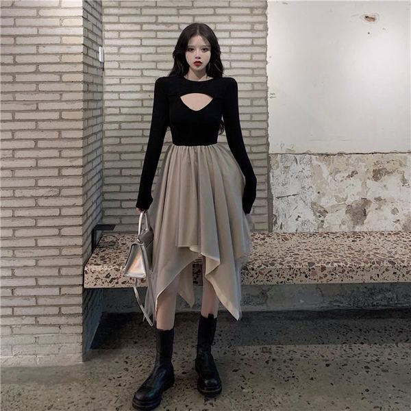 

casual dresses hollow out front little black dress spring autumn long sleeve high waisted irregular small girl slim party, Black;gray