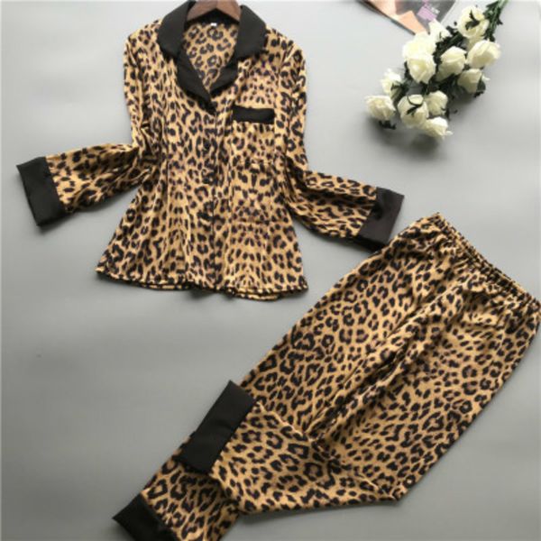 

Women's Sleepwear Spring Long Sleeve Pajamas Woman Ice Silk Fashion Leopard Print Sexy Pajama Set Women Lingerie Lace Pyjama 7W4B, Black;red