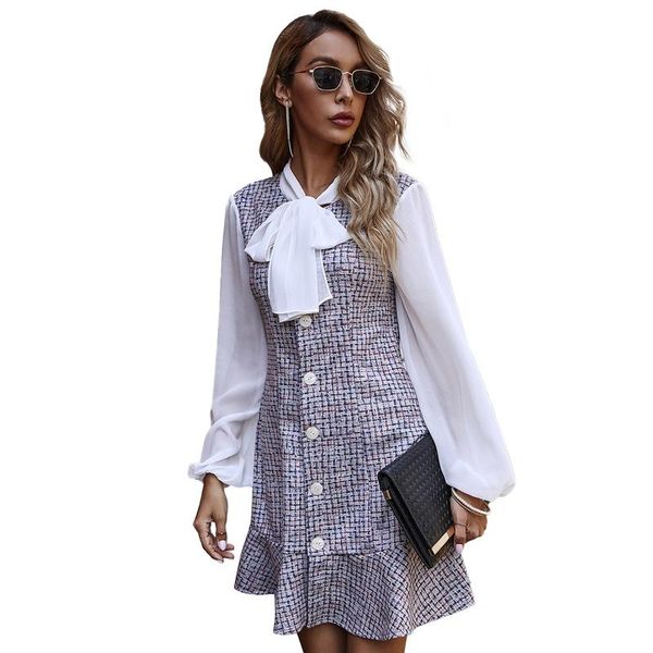 

autumn winter women plaid dress office ladies long puff sleeve ruffle knitted for elegant bow casual dresses, Black;gray